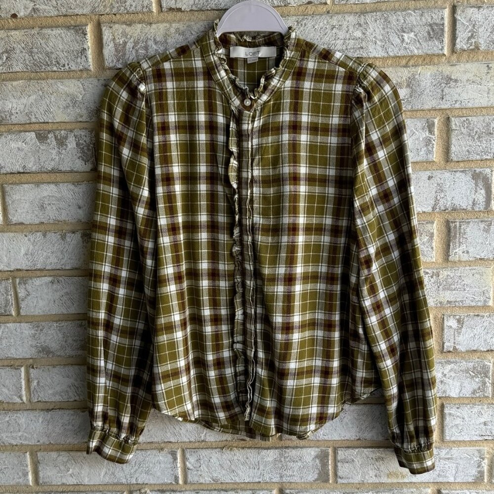 LOFT Womens Plaid Ruffle Check Button Up Shirt, Size XS. - Picture 1 of 8